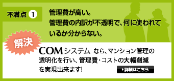 不満点1・管理費が高い。管理費の内訳が不透明で、何に使われているか分からない。解決・COMシステムなら、マンション管理の透明化を行い、管理費・コストの大幅削減を実現出来ます!