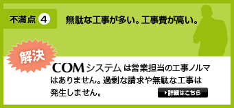 不満点4・無駄な工事をされて困っている。解決・COMシステム営業担当のノルマのための、過剰な保険請求や不当請求は一切行いません。